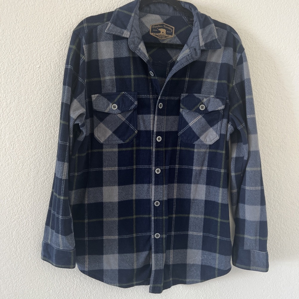 Freedom Foundry Shirt Jacket Mens Med Blue Flannel Fleece Shacket Plaid EUC